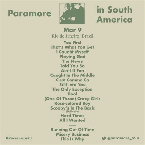 Get Paramore setlists - view them, share them, discuss them with other Paramore fans for free on setlist. . Paramore setlists